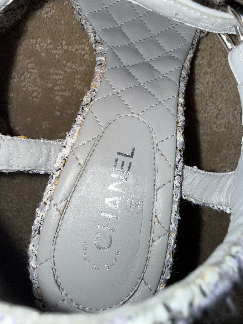 Chanel Purple/White Tweed Camellia Flower Sandals Size 8/38 - Picture 8 of 10